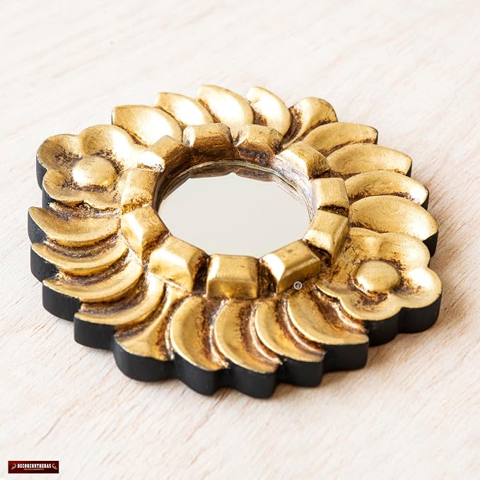 Peruvian Accent Mirror 6" - Small Round Gold Wall Decor - Hand-Carved Sunburst Mirror with Bronze Leaf - Unique (Gold)