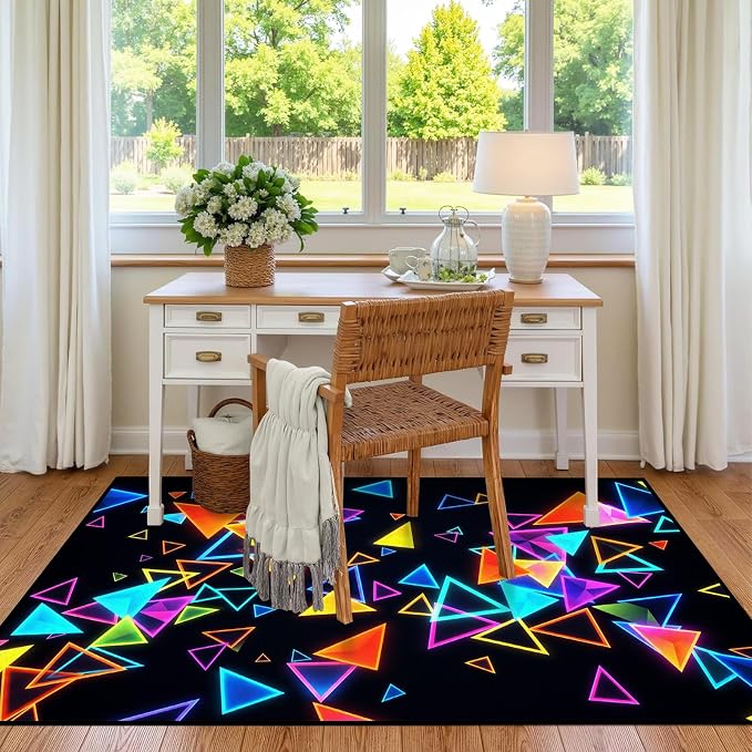 Triangle Area Rug 3'x5' Blacklight Glow in The Dark Geometric Rug Non-Slip Washable Colorful Neon Light Floor Mat for Entryway Bedroom Living Room Nursery Kitchen Playroom Home Decor