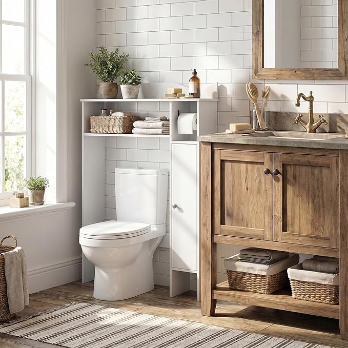 Tangkula Over The Toilet Storage Cabinet, Bathroom Above Toilet Cabinet with Toilet Paper Holder, Adjustable Shelves, Freestanding Space Saver, Bathroom Cabinet Organizer for Restroom, Laundry (White)