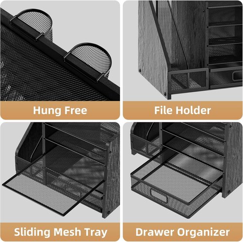 Marbrasse Desk Organizer - 5-Tier Paper Tray with Drawer & 2 Pen Holders | Mesh Storage for Office Supplies - Wood Black