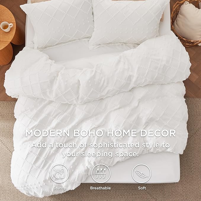 Bedsure Boho Duvet Cover King Size with Fitted Sheet - Boho Bedding Comforter Set, 4 Pieces, Includes 1 Duvet Cover 104"x90" with Zipper Closure, 2 Pillow Shams, 1 Fitted Sheet, White