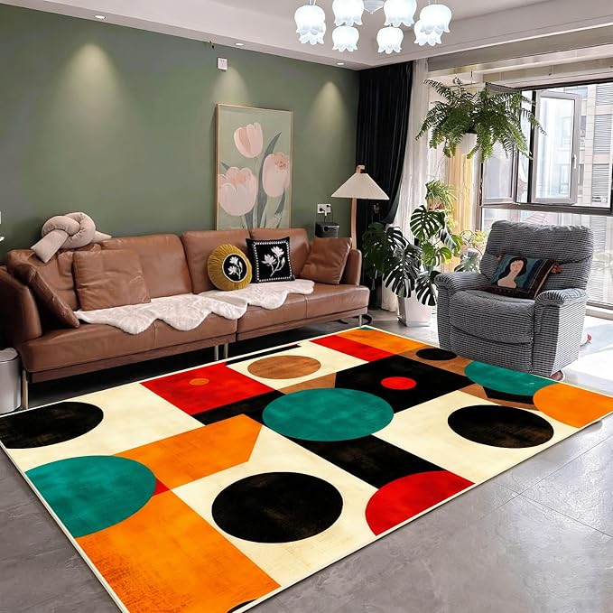 Geometric Rug, Mid Century Modern Rug, Abstract Colorful Geometric Rugs, Washable Non-Slip Soft Low Pile Vintage Abstract Carpet for Living Room, Bedroom (6' x 8'(Rectangular))
