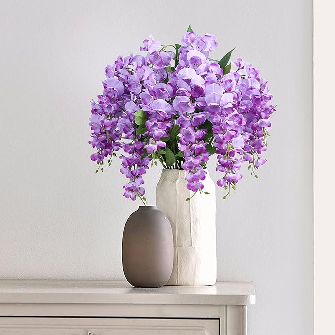 HyeFlora Artificial Hanging Flowers Spring Fake Flower for Vase, 2Pcs Light Purple Silk Wisteria UV & Fading Resistant Faux Flowers for Centerpiece Table, Bedroom Kitchen Living Room Bathroom