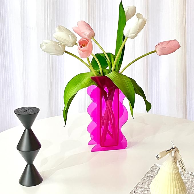 Hot Pink Acrylic Vase, 8-Inch Wave Shaped, Modern Centerpiece, Home Office Decor