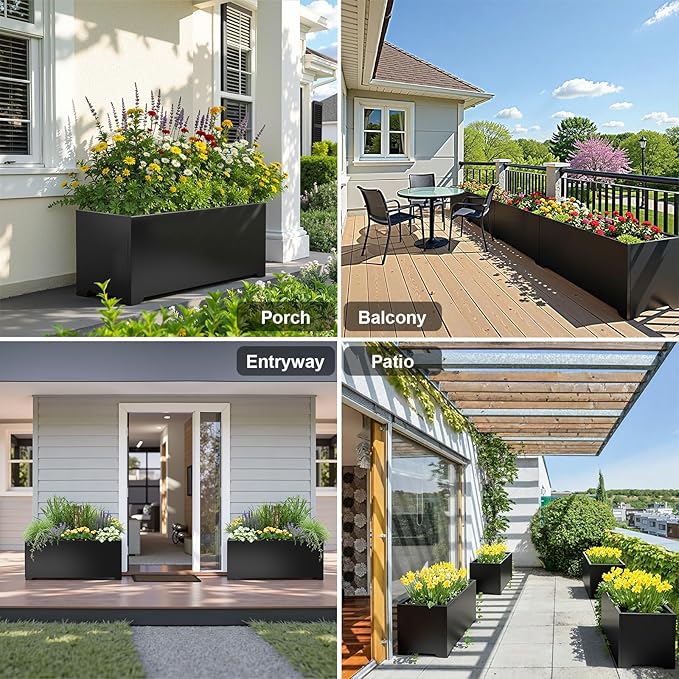 Metal Planter Box 36" L x 15" W x 15" H, Rectangular Trough Planter Box with 6 Drainage Holes & Raised Bottom, All-Weather Garden Planter Box for Outdoor Patio/Porch, Lawn, Black