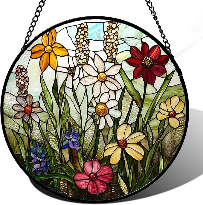 Stained Glass Window Hanging, Colorful Wildflowers Plant Scenery Suncatcher for Doors Window Home White Green Sun Catchers Decor Mother's Day Birthday Gifts for Women, Men Mom 7.8 in