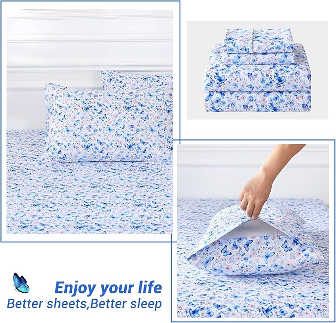 Softan Twin Floral Sheets, Microfiber Blue Flower Printed Fitted Sheets with Non-Slip Corner Straps and 15" Deep Pocket, Butterfly Patterned Cozy Bed Sheets, Single Sheets & Pillowcase Sets