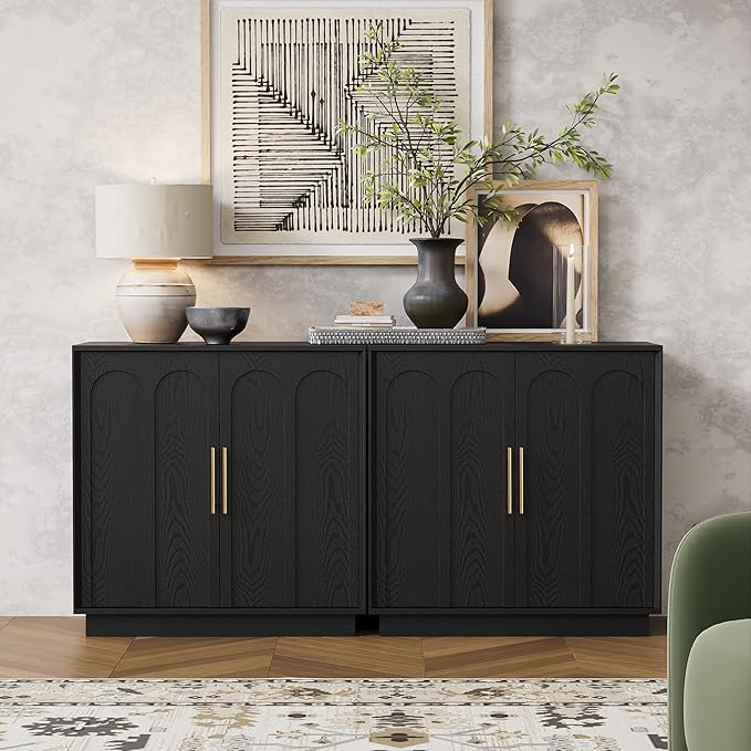 FORTUNETEC Sideboard Buffet Cabinet with Storage Set of 3, Mid Century Modern Accent Cabinet with Arched Doors, Modular Media Console, Credenza for Living Room Kitchen Dining Room Entryway, Black