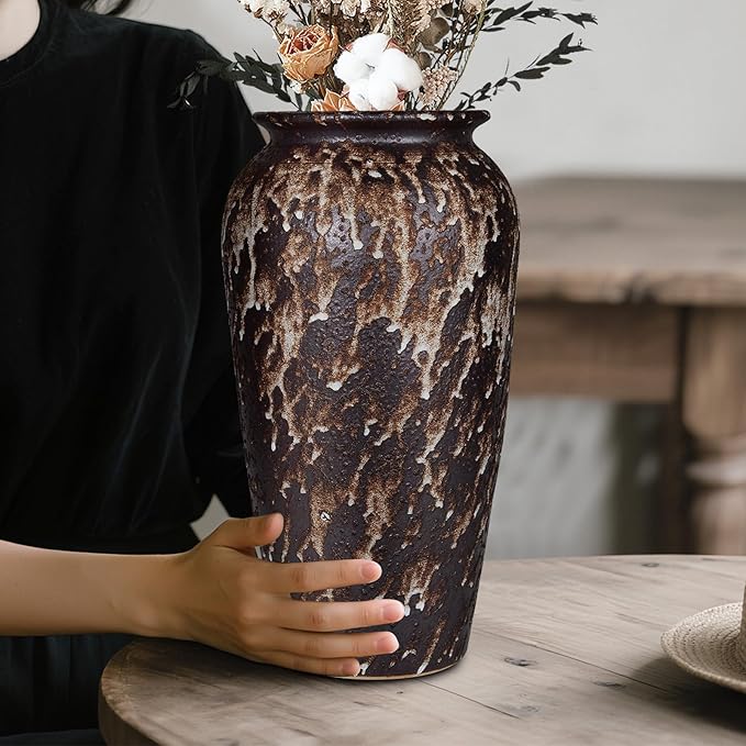 Ceramic Rustic Floor Vase, 12" Large Farmhouse Flower Vase for Home Decor, Vintage Vase Decor for Living Room Centerpieces,Office,Housewarming,Wedding