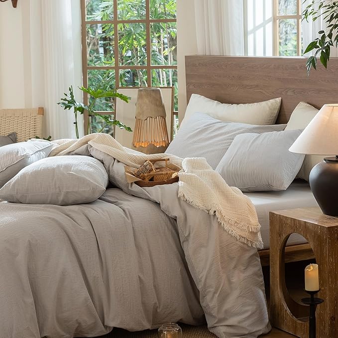 MooMee Wavy Striped Duvet Cover Set 100% Washed Cotton Linen Like Textured Breathable Durable Soft Comfy (Light Grey, Super Queen 90"x98")