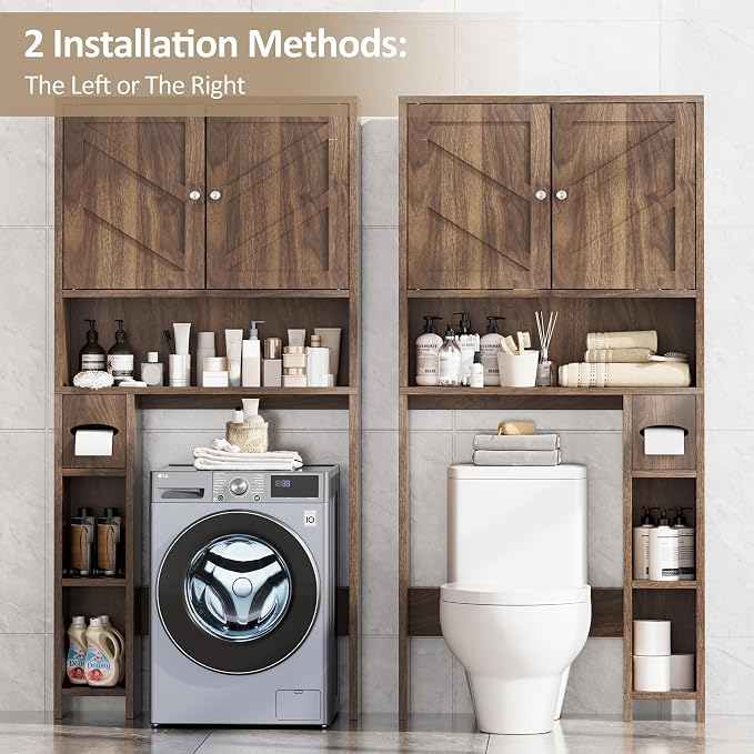 Over Toilet Storage Cabinet with Toilet Paper Holder Stand, Freestanding Bathroom Storage Cabinet, Rustic Farmhouse Bathroom Organizer with Adjustable Shelf & Anti-Tipping, Walnut