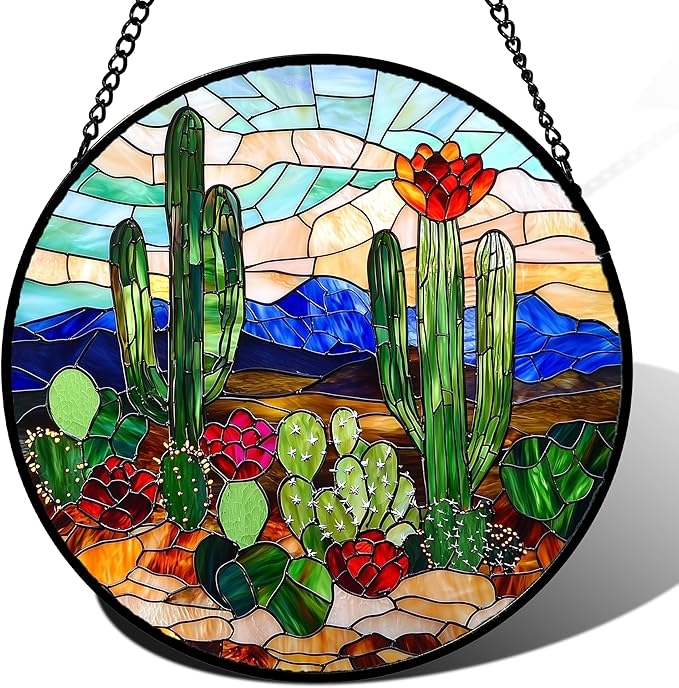 Stained Glass Window Hanging, Green Cactus Suncatcher for Doors Window Home Plant Landscape Sun Catchers Decoration Mother's Day Birthday Gifts for Women, Men, and Mom 15 in