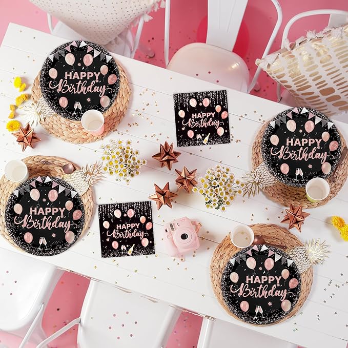 40 Pcs Happy Birthday Plates and Napkins Party Supplies, Rose Gold Paper Plates Napkins Disposable Tableware Set for Women Girls Birthday Party Decorations