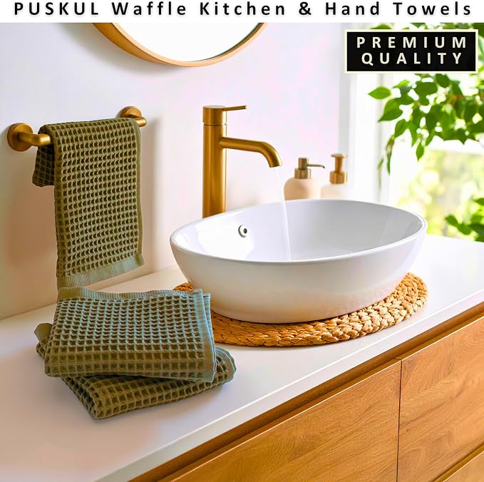 PÜSKÜL Natural 100% Turkish Cotton Waffle Kitchen Towels Set of 3 | Oeko-Tex, Premium Waffle Hand Towels for Bathroom | Soft Absorbent Quick-Dry Lint-Free Dish Towel Large 32x16 inch (3, Khaki Green)