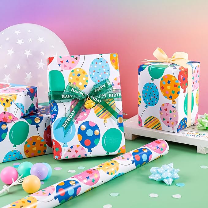 WRAPAHOLIC Birthday Wrapping Paper Roll - Mini Roll - 17 Inch x 16.5 Feet - Gold Foil Colorful Balloon Design Perfect for Birthday, Holiday, Party, Baby Shower