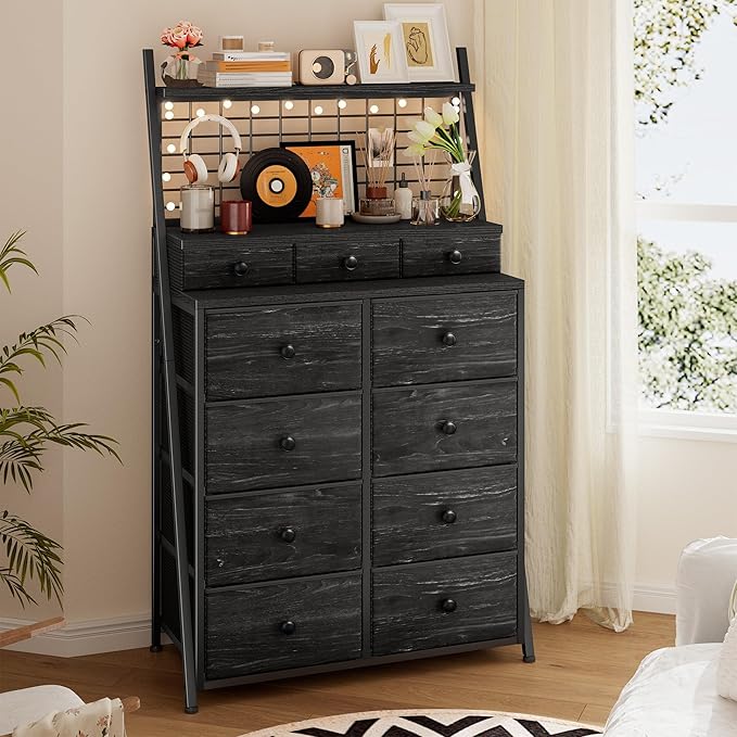51" H Dresser for Bedroom with LED, 11 Drawer Dresser with Wire Grid Panels & Open Shelves for Entryway, Dorm, Black, 11.8" D x 33.9" W x 51.2" H