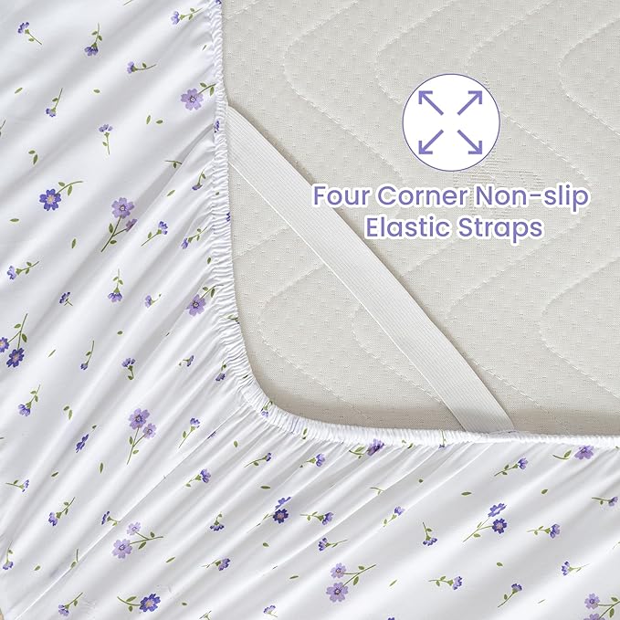 Softan Purple Floral King Bed Sheet Set, Cozy Microfiber Patterned Fitted Sheets with 15" Deep Pocket & Non-Slip Straps, Cute Purple Flower Printed Sheets & Pillowcase Set King