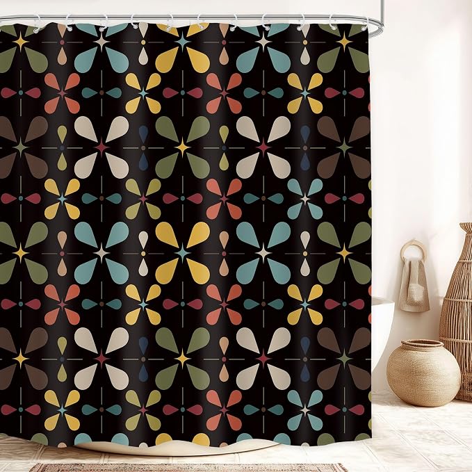 Black Boho Mid Century Shower Curtain Bathroom Set 71Wx71H Inches Colourful Vintage Modern Abstract Retro Chic Geometric Women Men Bath Accessories Bohemian Art Home Decor Fabric 12 Pack Hooks