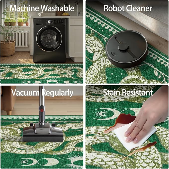 DCX Washable 9x12 Snake Rug, Green Gothic Rug for Living Room, Soft Low Pile Carpet, Kid & Pet Friendly with Rubber Back Non Slip, Stain Resistant Rug for Bedroom Dining Room Office