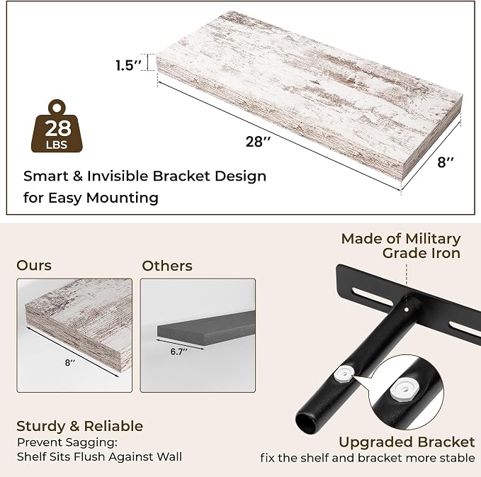 RICHFOCUS 28Inch Floating Shelves for Wall 2 Pack Shelves for Bedroom|Kitchen|Bathroom|Laundry Room Rustic Wood Wall Mounted Shelf with Invisible Brackets for Books|Storage|Decor, Rustic White