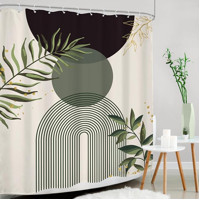 Dark Green Boho Shower Curtain 60Wx72H Teal Green Modern Bohemian Mid Century Abstract Gold Leaves Plant Bathroom Decor Minimalist Geometric Neutral Bath Curtain Fabric Polyester 12 Pack Hooks