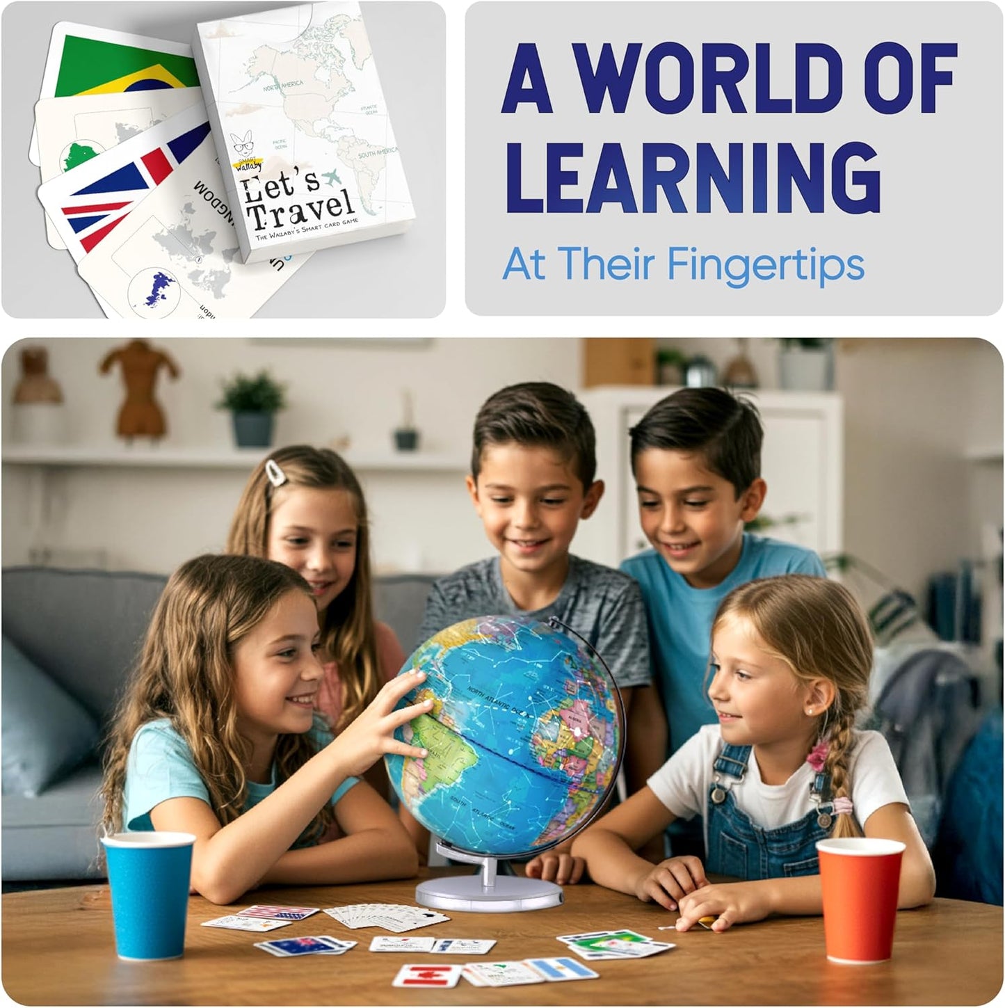 Smart Wallaby 9" Illuminated Kids World Globe - Interactive STEM Flags & Card Game, LED Night Light