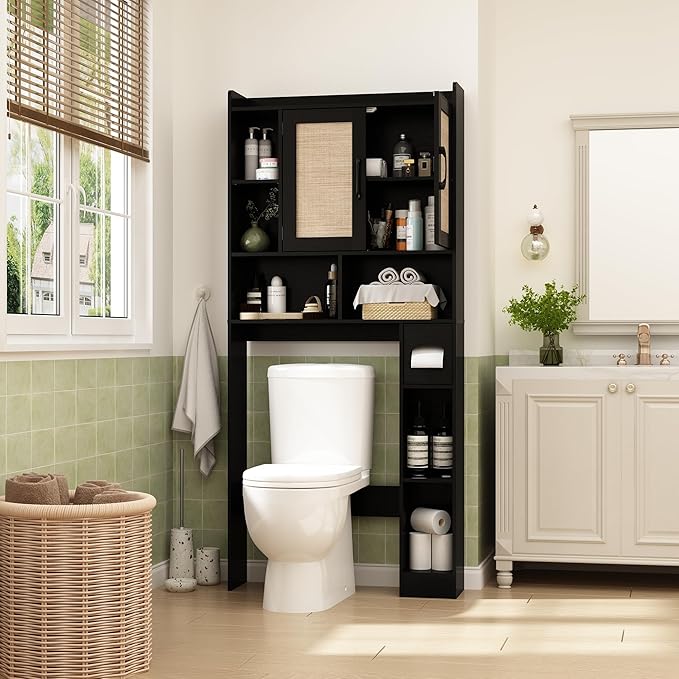 RUSTOWN Rattan Over The Toilet Storage Cabinet, Boho Over Toilet Bathroom Organizer with 2 Doors & Adjustable Shelves, Modern Above Toilet Rack with Toilet Paper Holder for Bathroom, Laundry(Black)