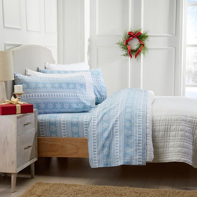Market & Place 100% Cotton King Flannel Sheet Set | 4 Piece Deep Pocket Novelty Cozy Winter Bed Sheets | Double Brushed for Extra Softness & Comfort | Alpine Collection (King, Striped Snowflake)