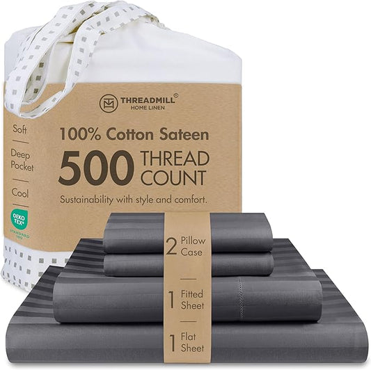 Threadmill 500 Thread Count Queen Size Damask Stripe, 4 Pc Luxury Cotton Sheet Set, Silky Smooth Dark Grey Sheets with 16" Elasticized Deep Pocket, 2 Pillowcases & Free Tote Bag