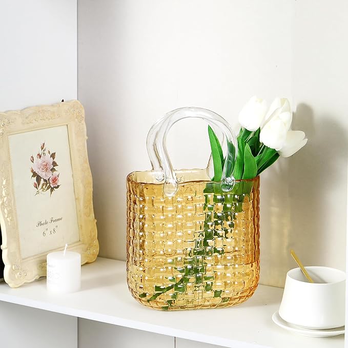 Glass Purse Vasefor Flowers, Purse Flower Vase, Amber Glass Bag Vases, 10 Inch Handbag Shaped Vases for Home, Living Room, Bedroom, Office Decor
