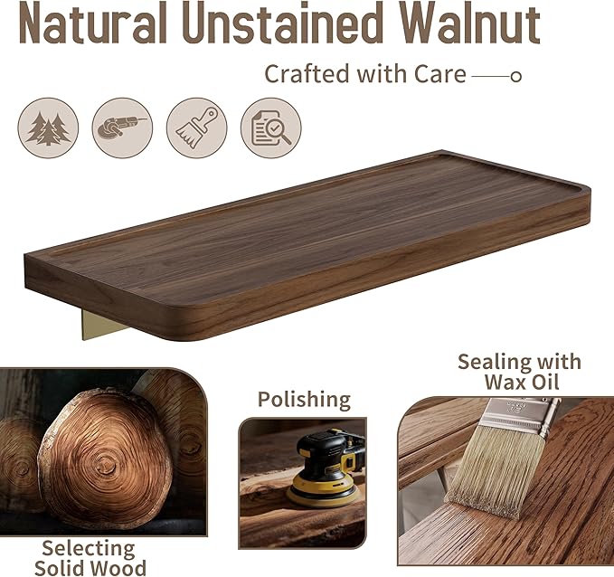Danpoo 12 inch Floating Walnut wall Shelf, Small Wood Shelf for wall, Waterproof Wooden Shelf for Bathroom