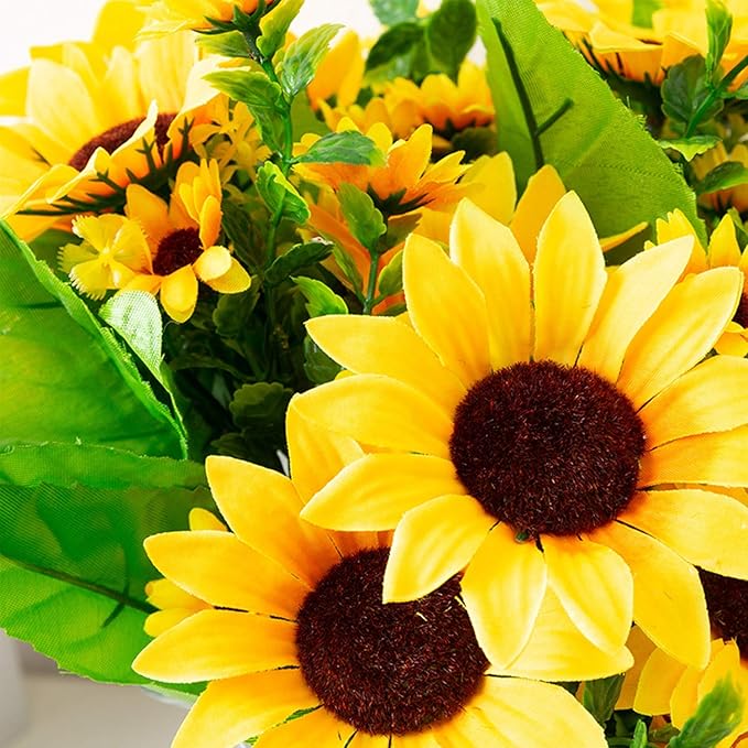 6 Pack Artificial Sunflowers with Stems for Indoor Outdoor 12 inch Fake Silk Sunflower with 13 Sunflower Heads and 27 Green Leaves Decor Home Wedding Party Office (6Pack)