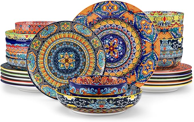 vancasso 24-Piece Dinnerware Sets,Plates & Bowls Sets Service for 6, Bohemian Porcelain Dishes Set for 6, Kitchen Dinner Set,Microwave & Dishwasher Safe, Scratch Resistant,Series KRVI
