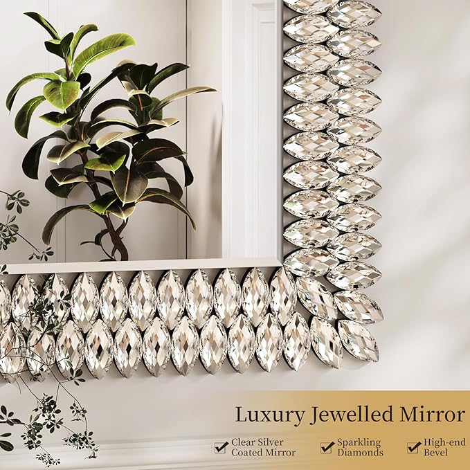 Kelly Miller 30"x40" Jeweled Bathroom Wall Mirror, Large Rectangle Decorative Mirror Luxury Vanity Mirror with Diamonds for Master Bath Half Bath Living Room Bedroom Fireplace Mantle Entryway