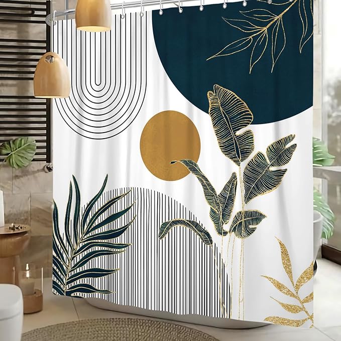 Mid Century Boho Shower Curtain, Abstract Modern Sun Minimalist Aesthetic Shower Curtain, Bohemian Geometric Arch Curve Leaves Neutral Art Fabric Bathroom Curtain Blue 60x72 inch