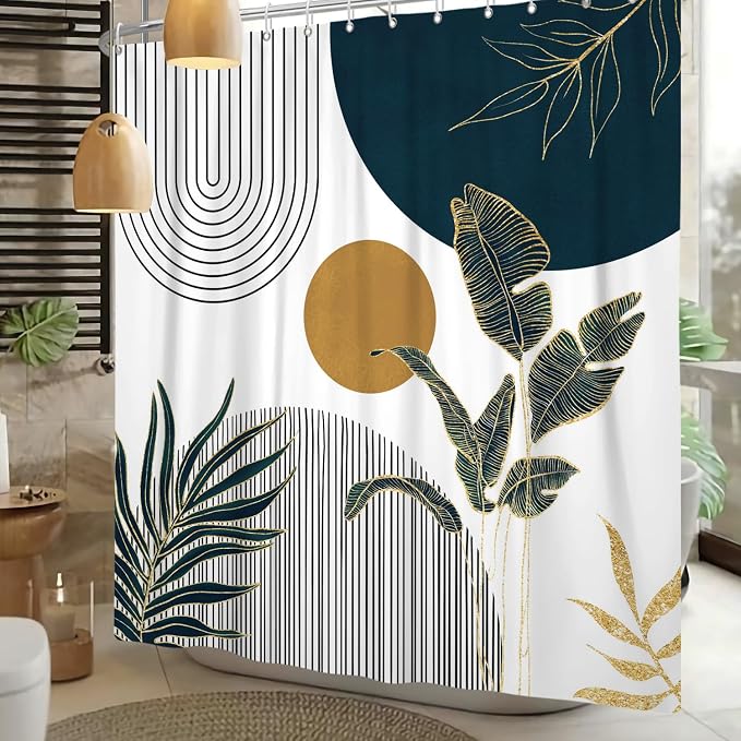 Mid Century Boho Shower Curtain, Abstract Modern Sun Minimalist Aesthetic Shower Curtain, Bohemian Geometric Arch Curve Leaves Neutral Art Fabric Bathroom Curtains Blue 48x72 inch