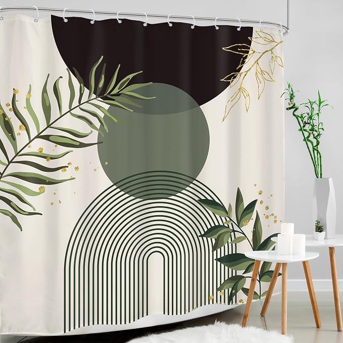 Dark Green Boho Shower Curtain 72Wx84H Extra Long Black Green Modern Bohemian Abstract Plant Leaves Bathroom Decor Minimalist Geometric Neutral Bath Curtain Fabric Polyester 12 Pack Hooks
