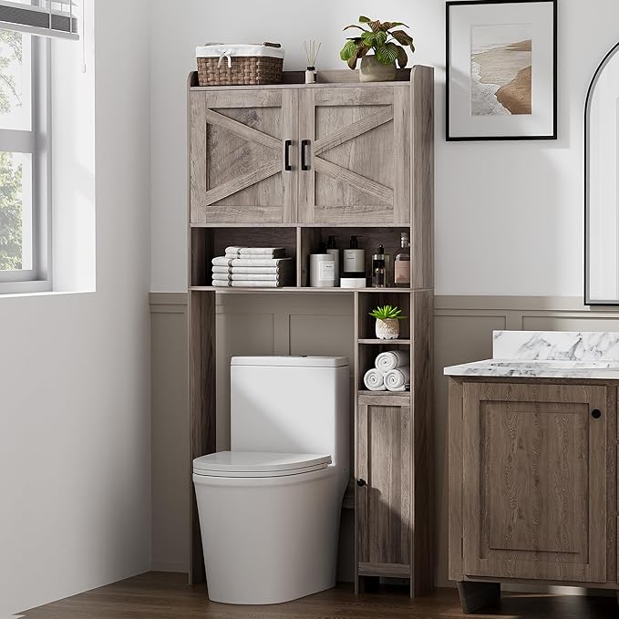 Homhedy Over The Toilet Storage Cabinet with 2 Barn Door and Toilet Paper Holder Stand, FreeStanding Toilet Shelf Space Saver, for Bathroom, Restroom, Laundry, Greige