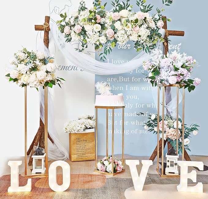 2 Pcs Tall Wedding Elegant Metal Flower Centerpieces, 23.6" Gold Flower Stand Vase Display Column for Wedding Event Reception Table, Wedding Geometric Vases for Party Table, Home Décor