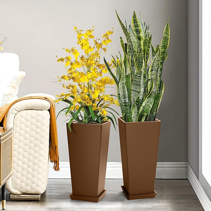 Set of 4 24" Tall Plastic Planters with Trays, Large Tapered Plant Pots for Indoor Outdoor Use, Modern Decorative Planters for Porch, Patio, Garden, and Backyard