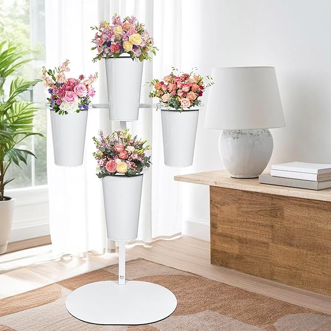 PROLEE Flower Display Stand with 4 Buckets, Flower Pot Stand, Flower Stand Metal, Florist Bouquet Shelf for Wedding, Party, Events, Oval Base, White