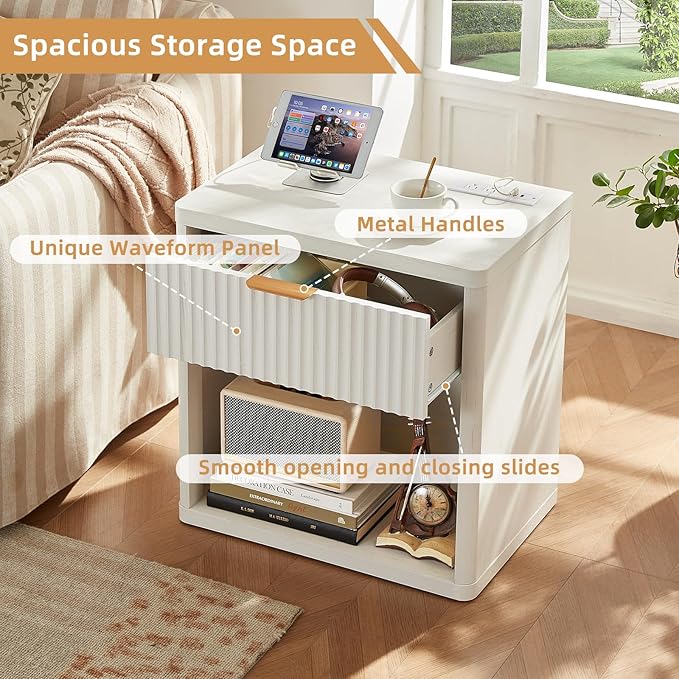 LEYAOYAO Fluted Farmhouse Nightstand Set of 2 with Charging Station, 23" Wide 1 Drawers End Table,White Dresser for Bedroom,Bed Side Table Chest of Drawers Cabinet,Wood Night Stand for Living Room