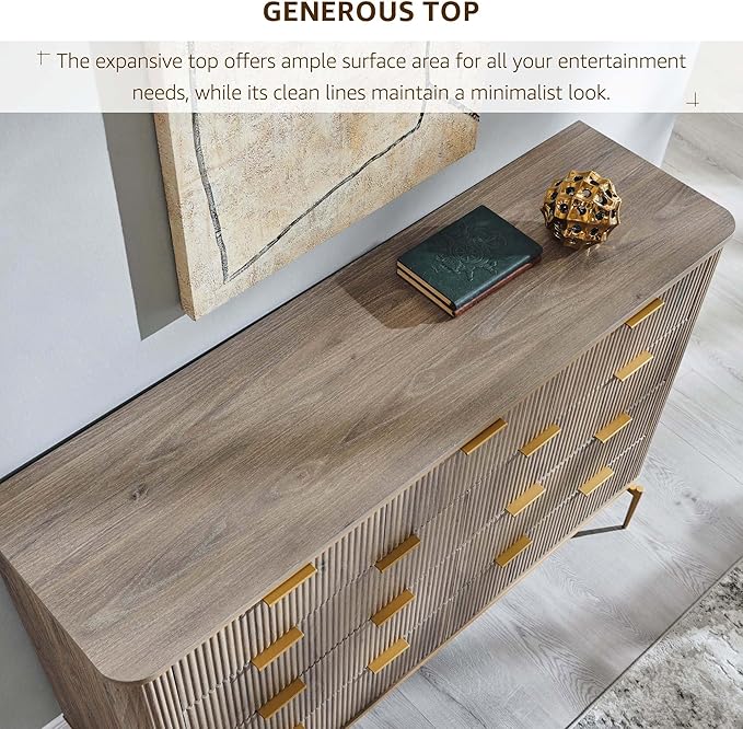T4TREAM Fluted 9 Drawers Dresser, Modern Wooden Top Chest of Drawers with Curved Profile Design, Dresser TV Stand Drawer Organizers for Bedroom, Living Room, Hallway(Alder Grey)
