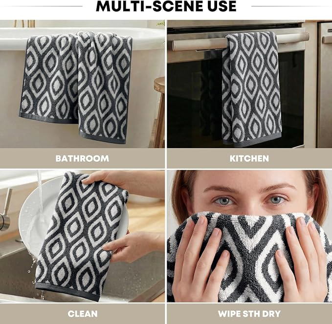 Artoid Mode 1 Pc Beige Grey Diamond Grid Jacquard Hand Towels for Bathroom, 100% Cotton Soft Absorbent Bathroom Decor Towels, 13.7 x 29.5 Inch