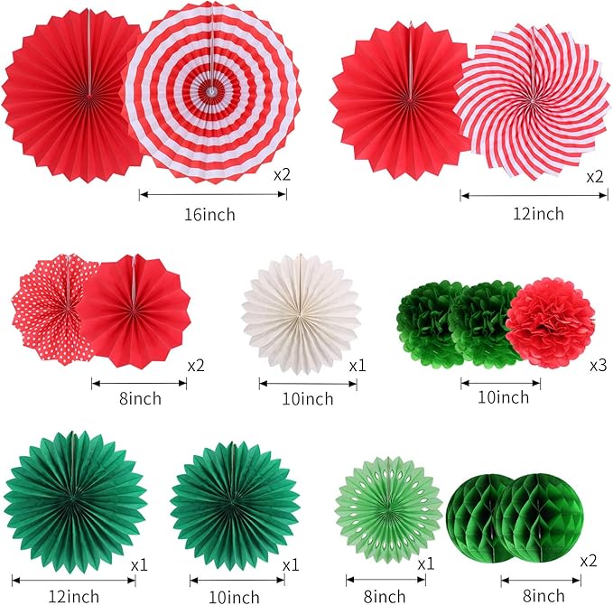 Hanging Party Decorations Set Tissue Paper Fan Paper Pom Poms Flowers and Honeycomb Ball for Christmas Wedding Engagement Graduation Party Decor Green Red Kit