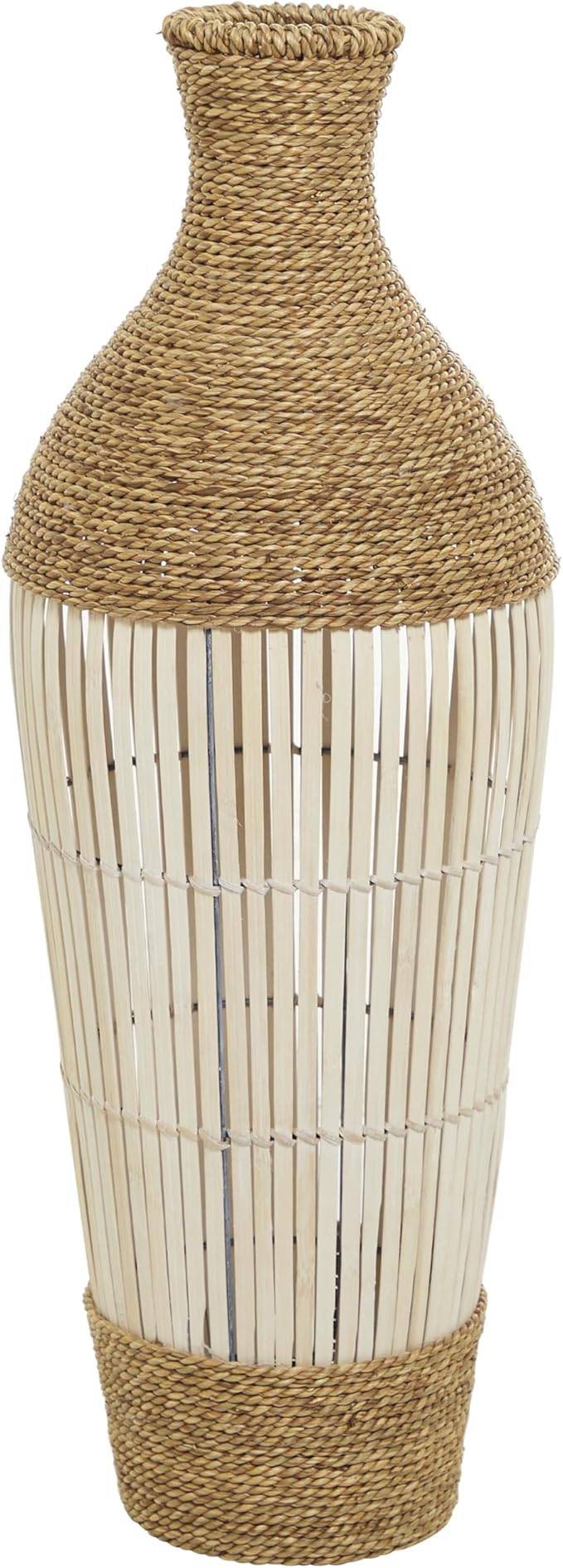 Deco 79 Seagrass Handmade Decorative Vase Wrapped Tall Centerpiece Vase with Cream Slatted Bamboo Center, Vase for Home Decoration 11" x 11" x 32", Brown