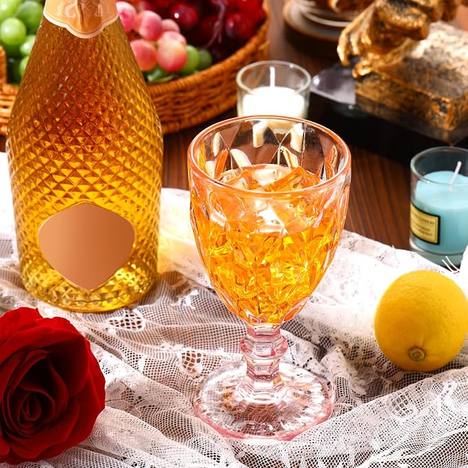 Yinder Glass Goblet Vintage Wine Goblet Embossed Glassware 10 oz Solid Color Glass Stemmed Cups for Iced Tea Beverage Soda Juice Water Liquor and Party Wedding Bars Restaurants(Pink,12 Pack)
