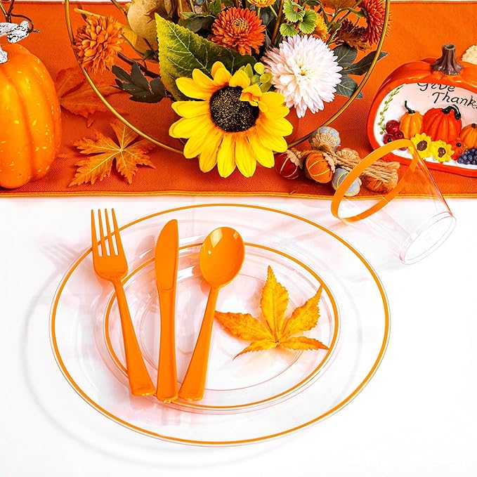 SUT 350Pcs Orange and Clear Plastic Dinnerware Set for 50 Guests, Include: 50 Dinner Plate, 50 Dessert Plates, 50 Pre Rolled Napkins With Silverware, 50 Cups, Disposable Plates for Thanksgiving, Party