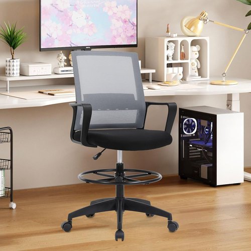 BestOffice Drafting Chair - Adjustable Tall Office Chair with Lumbar Support & Footrest | Mid Back, Ashy Color