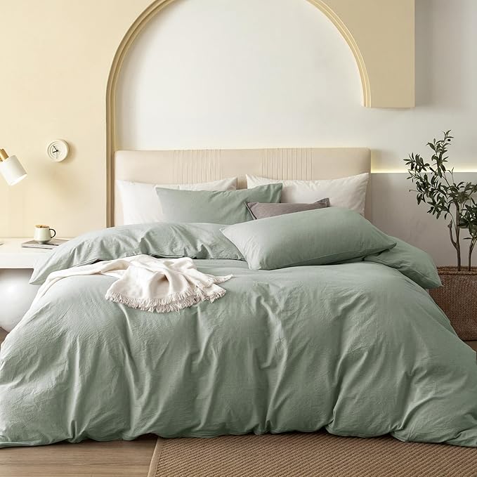 JIYUAN 100% Washed Cotton Duvet Cover Set 3 Pieces Super King, 1 Duvet Cover 108x98 Inches(Comforter Not Included) and 2 Pillowcases,Linen Feel Bedding Set Comfy and Breathable, Heathered Sage Green